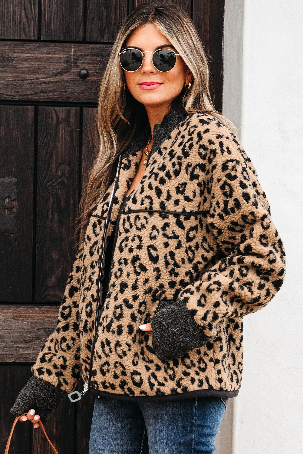 Leopard-print fleece zip-up jacket with stand collar and side pocket detail, khaki/black.