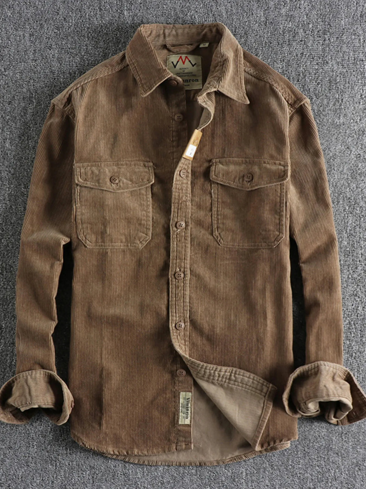 Men’s plus size corduroy long-sleeve button-up shirt, khaki-brown with two chest pockets