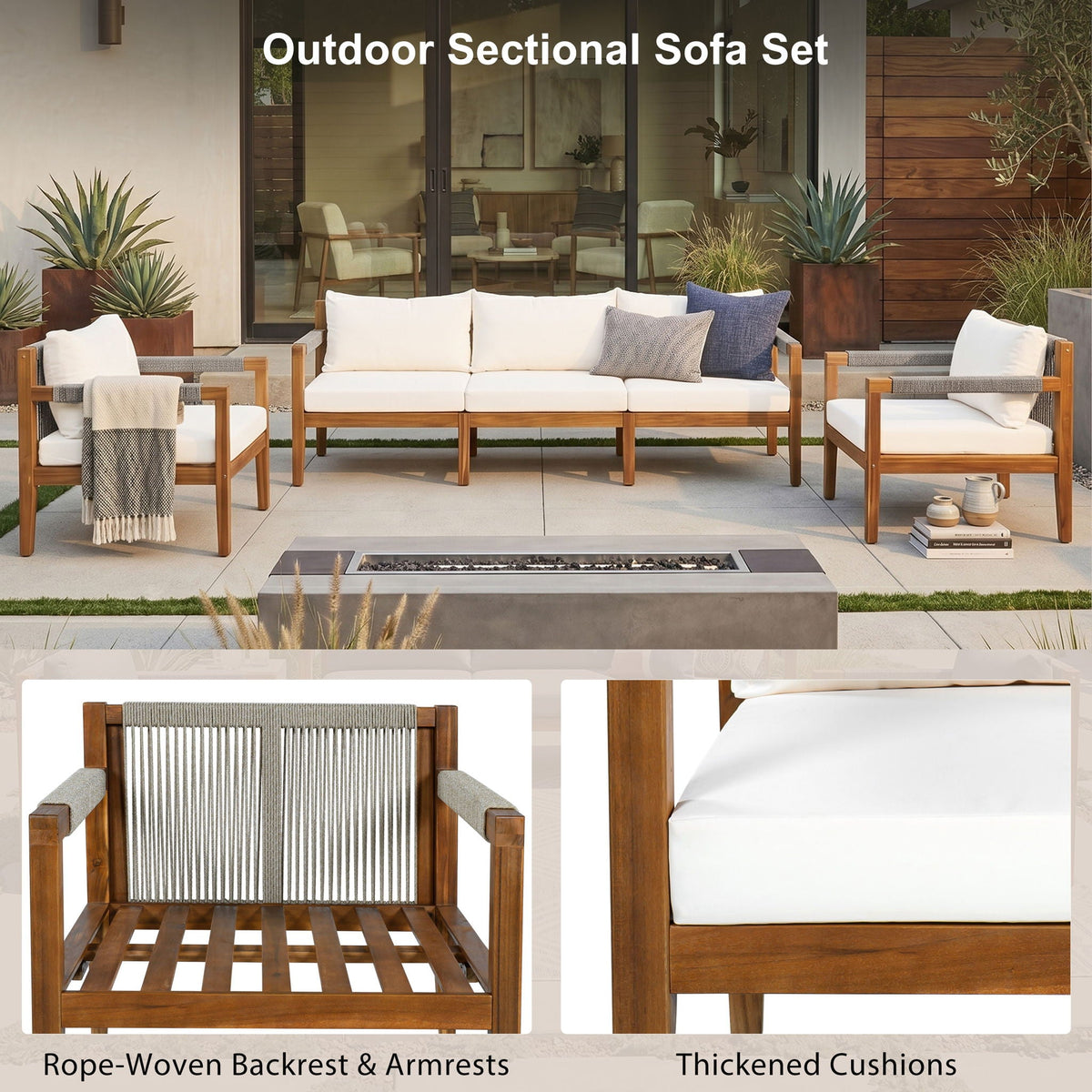 Outdoor sectional sofa set with acacia wood frame, beige cushions, rope-woven armrests