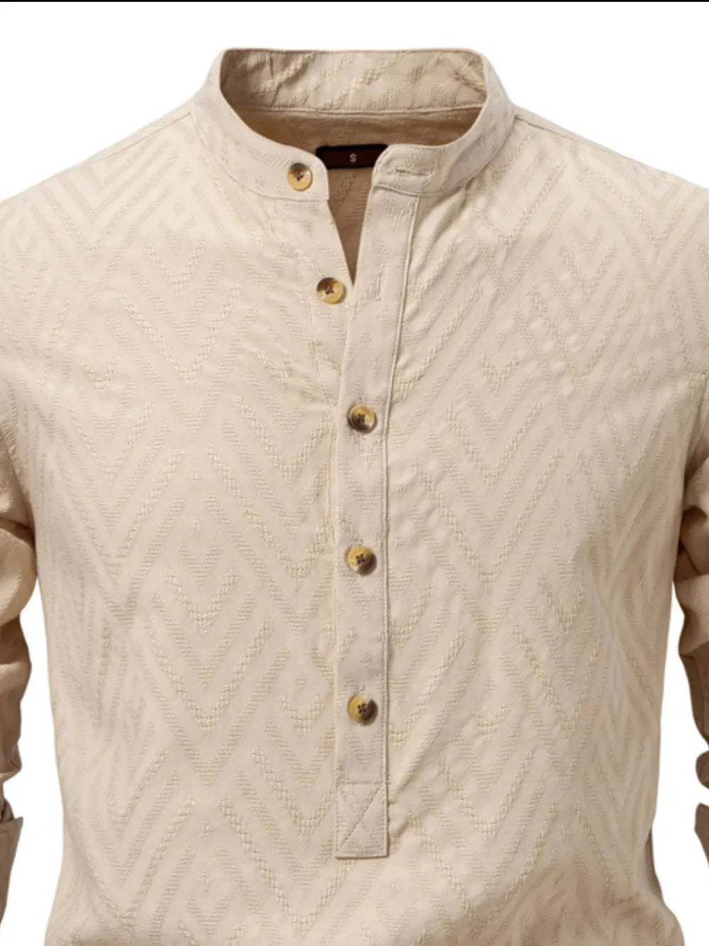 Men's half-button texture collared shirt, khaki, front placket with brown buttons