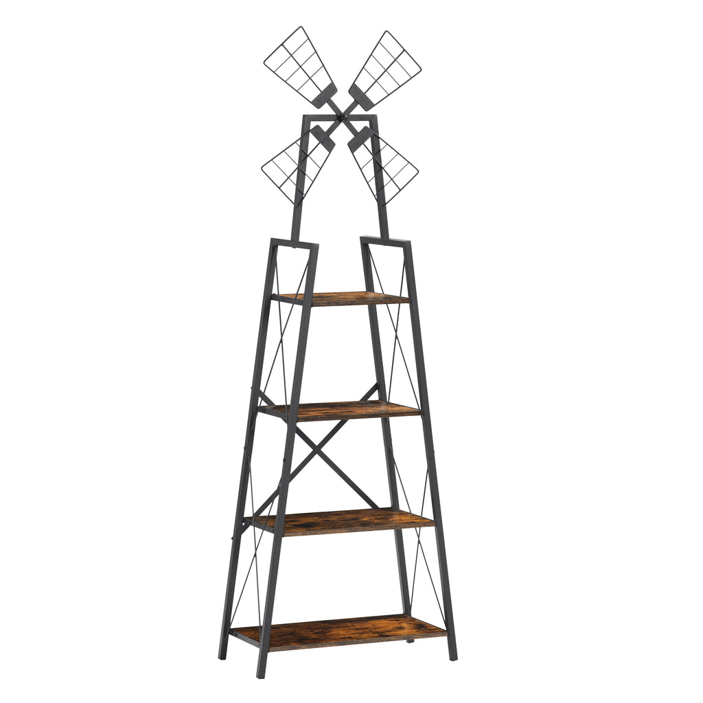 Front view of 4-tier narrow book shelf with black metal frame and brown wood shelves