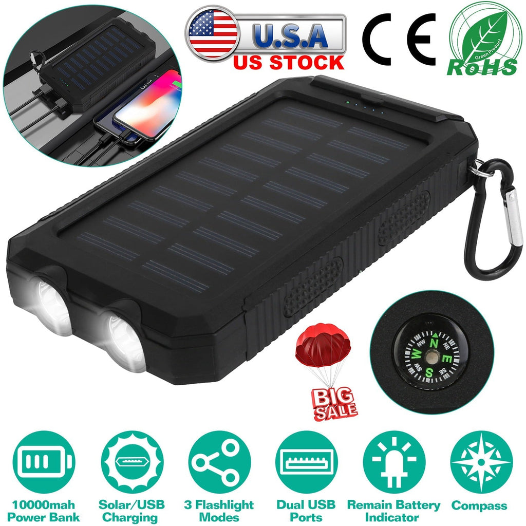 Black solar power bank with solar panel top and compass dial, carabiner loop