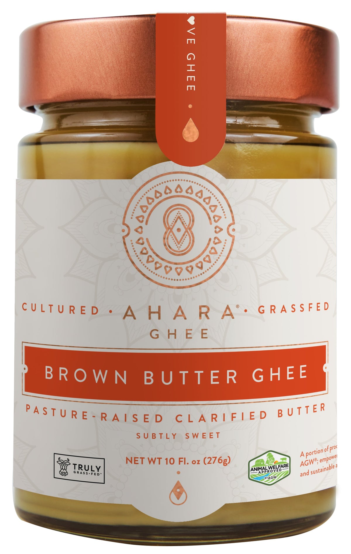 Ahara Rasa brown butter ghee jar with copper lid and orange front label.
