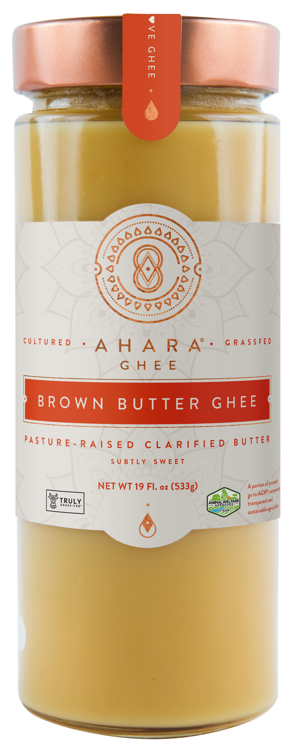 Ahara Rasa brown butter ghee jar front view with copper lid and pale-gold ghee.