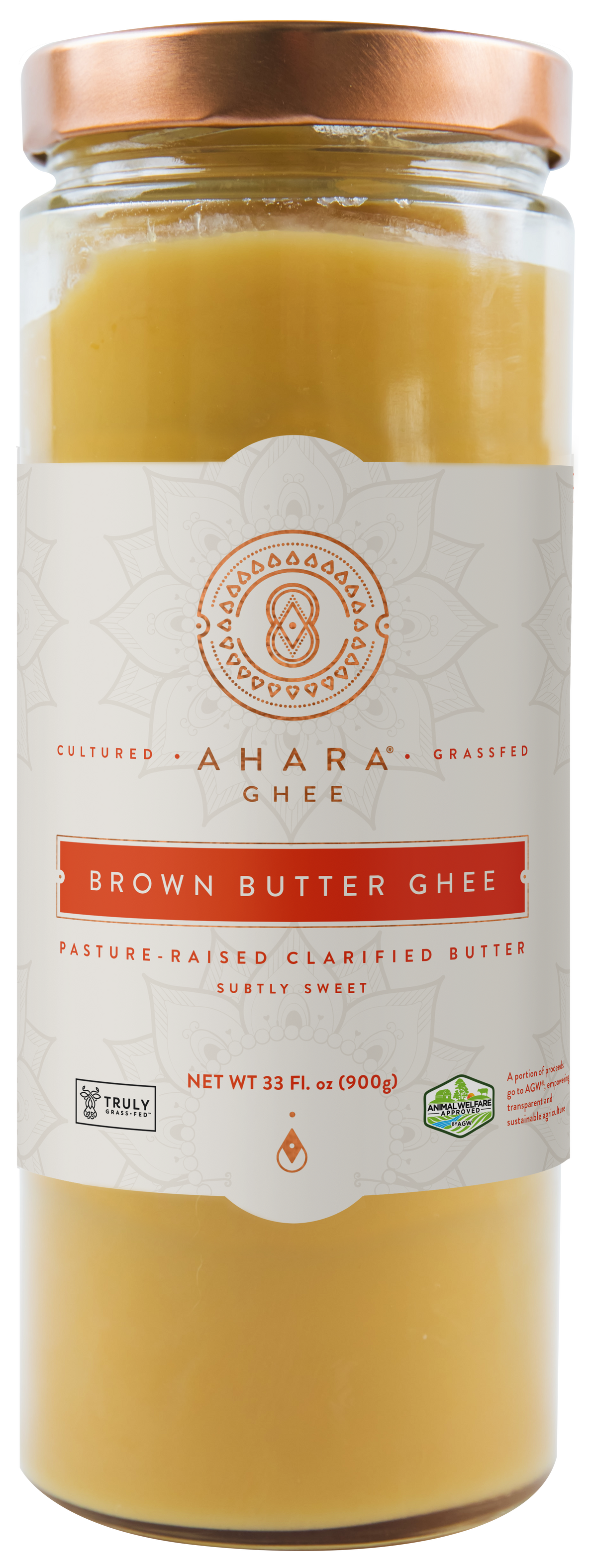 Ahara Rasa brown butter ghee jar with copper lid and pale-gold ghee filling.