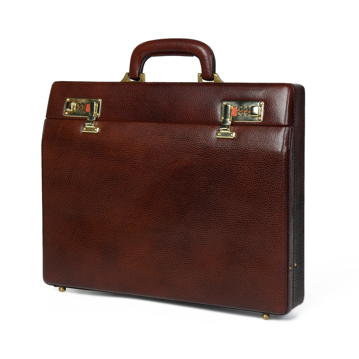Rich brown leather office suitcase with brass corner locks and side profile view