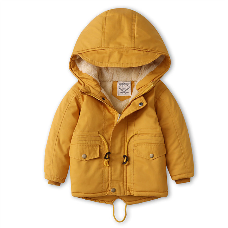 Boys hooded winter coat in mustard yellow with zip front, snap pockets, and sherpa lining.