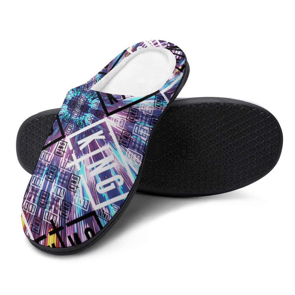 Printed slip-on slippers with black rubber sole, purple-blue graphic lettering