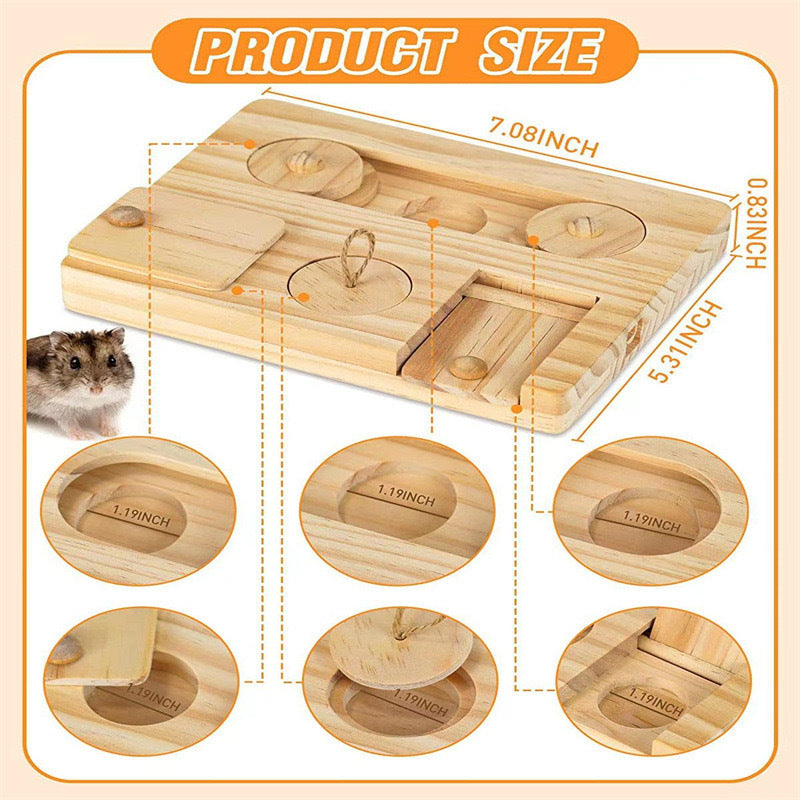 Wooden hamster snack feeder with multiple circular treat wells and access compartments