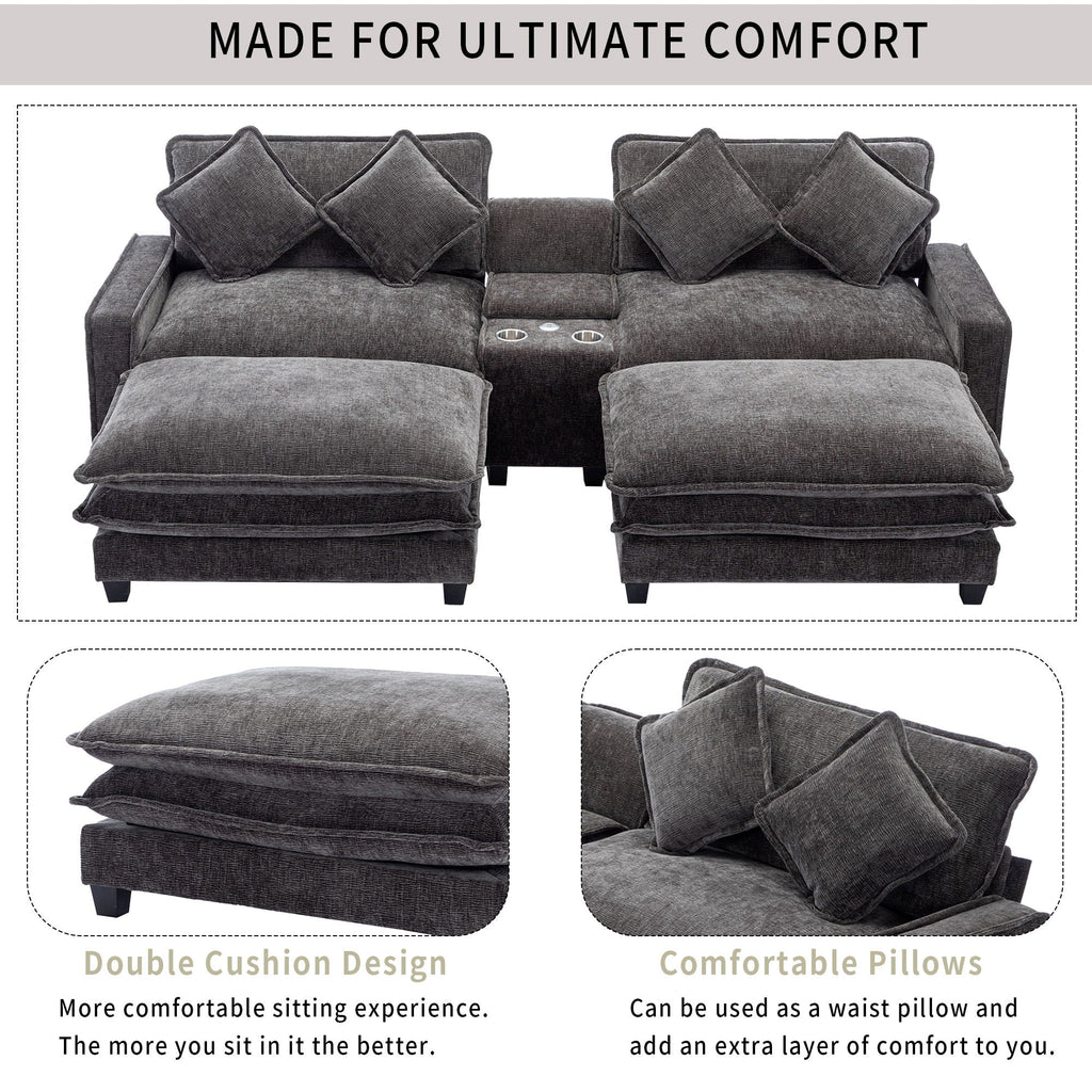 Dark gray sectional sofa with removable ottomans and four pillows, stacked seat cushions