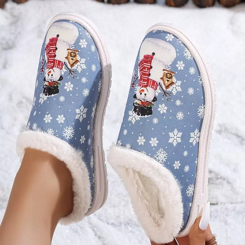 Pair of blue plush-lined Christmas slippers with snowman and snowflake pattern