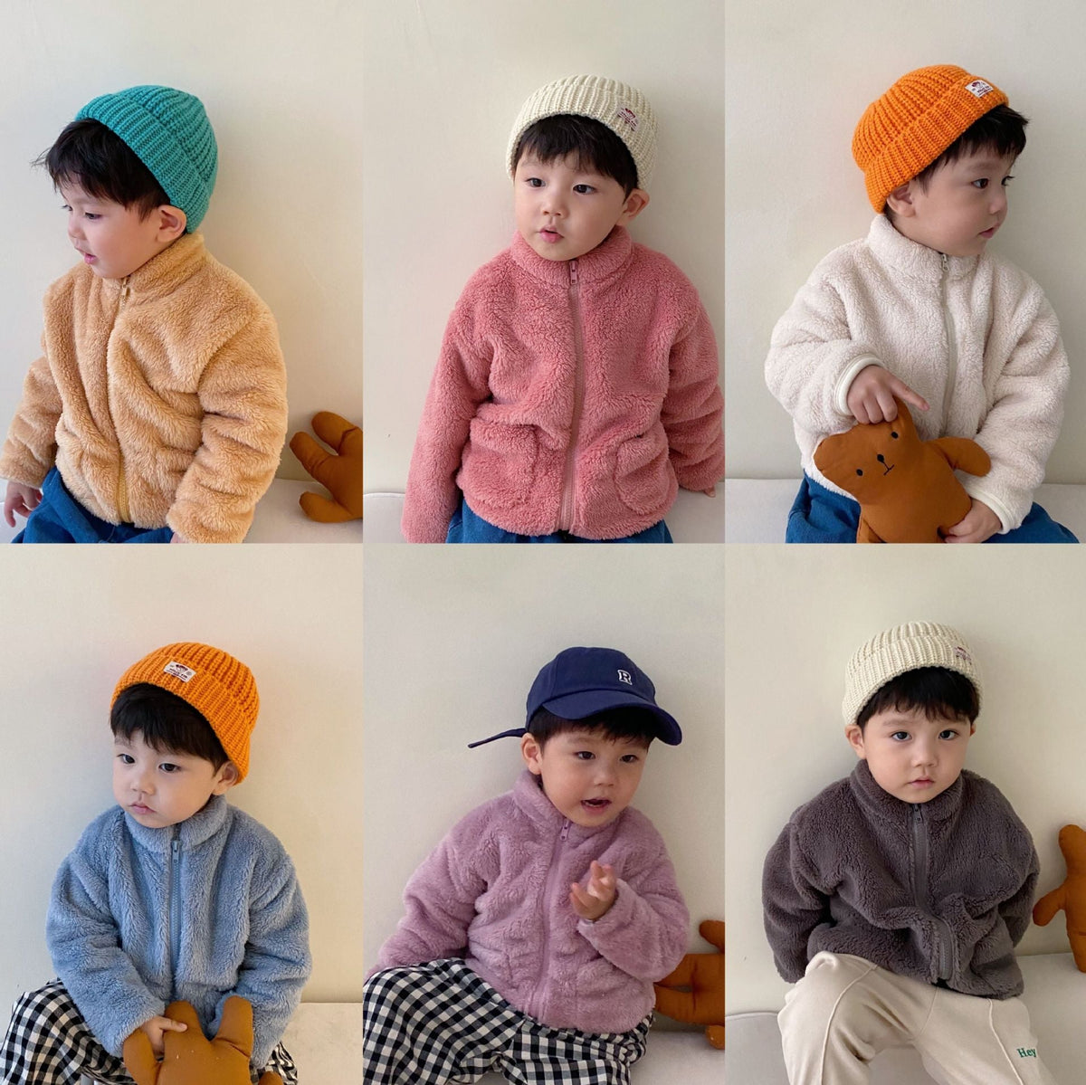 Kids fleece winter jackets, zip-front styles in pink, grey, white, and other colors.