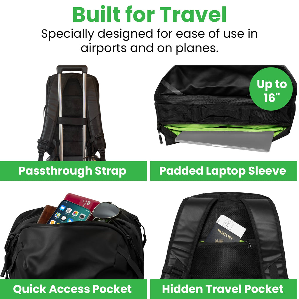 28L travel backpack features: padded laptop sleeve, quick-access pocket, travel strap