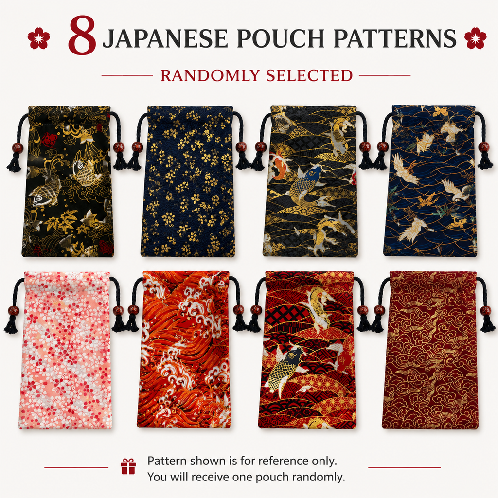 Set of Japanese drawstring pouches with assorted floral patterns, dark tassels included