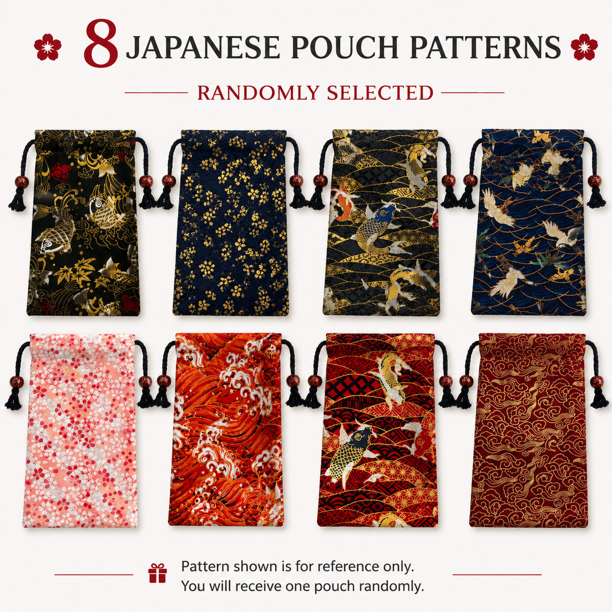 Set of Japanese drawstring pouches with assorted floral patterns, dark tassels included