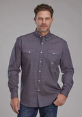 Men's western shirt, blue diamond geo print, button-front, pointed yoke collar
