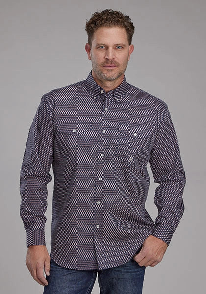 Men's western shirt, blue diamond geo print, button-front, pointed yoke collar
