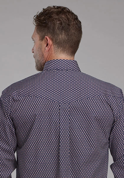 Men's western shirt back, blue diamond geo pattern, yoke panel and buttoned collar