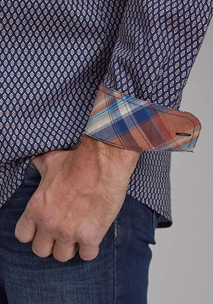 Men's western shirt sleeve and cuff, blue diamond geo print with plaid contrast cuff