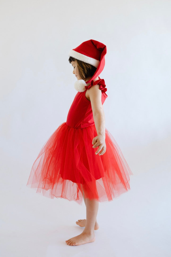 Red sleeveless tulle holiday dress with Santa hat and full ruffled skirt
