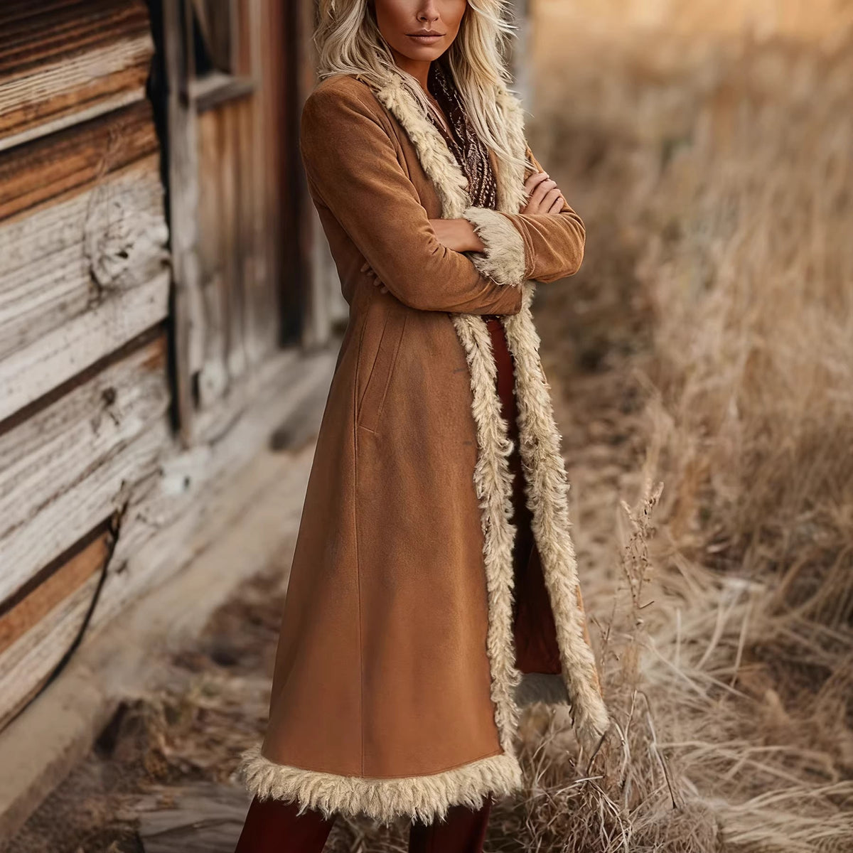 Women’s brown long coat with cream faux-fur collar and cuffs