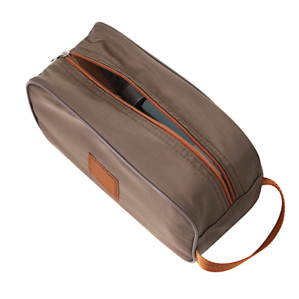 Gray duffel bag with orange trim, front zipper and carry strap