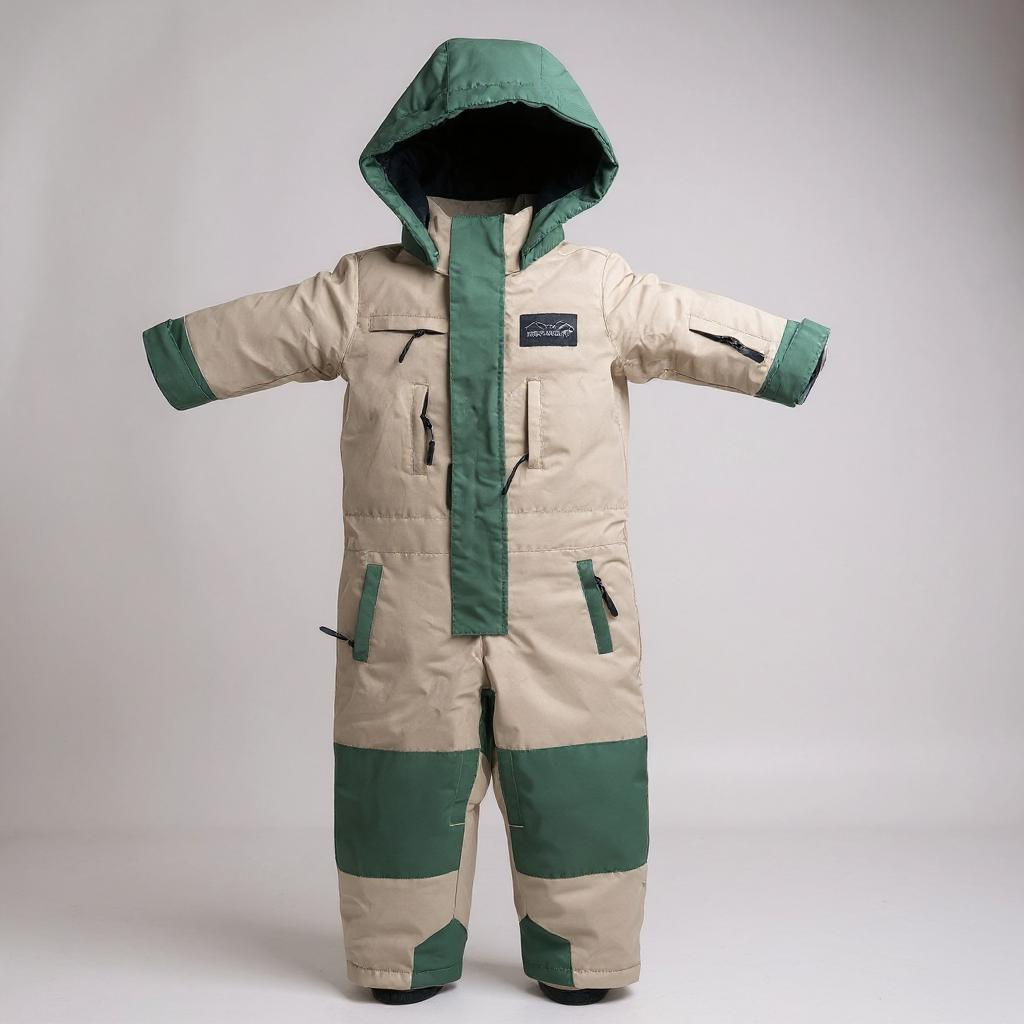 Kids hooded snowboarding snowsuit, beige and green full-zip one-piece with pockets