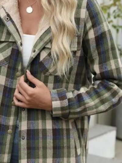 Plaid snap-front hooded plush jacket close-up with sherpa-lined collar and buttons