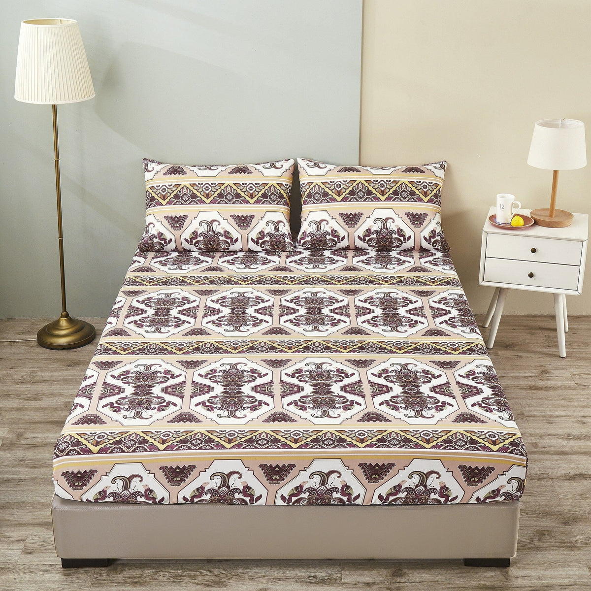 Traditional patterned fitted sheet and pillowcases in cream with burgundy and gold ornamental motifs