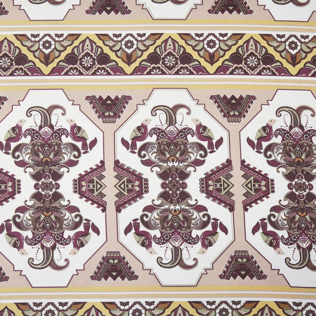 Ornate kilim-style fabric panel with maroon and cream symmetrical medallion motifs