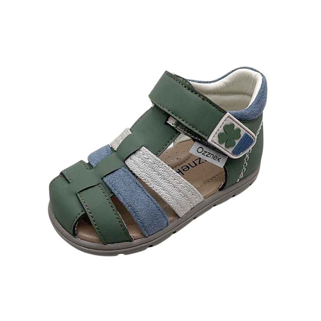 Toddler barefoot sandals close-up: dark green straps with blue insert and hook-and-loop tabs