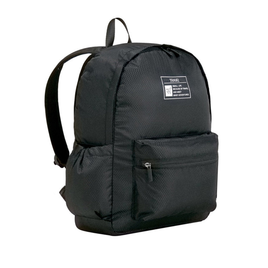 Black foldable backpack with front zip pocket and small brand patch.