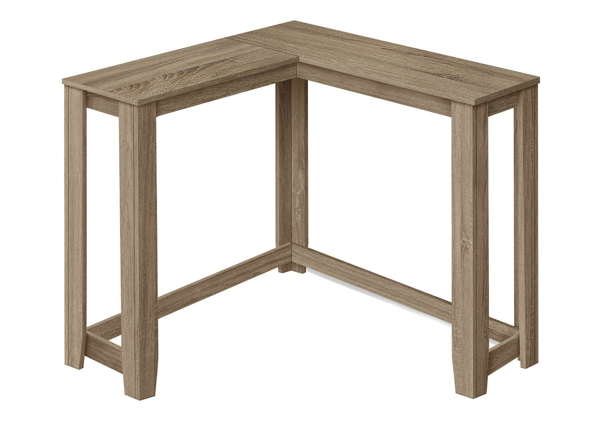 Light brown corner accent console table with open corner frame and straight legs