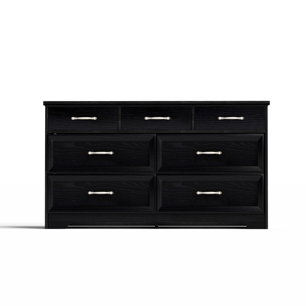 Black chest of drawers front view with metal pull handles across stacked drawers