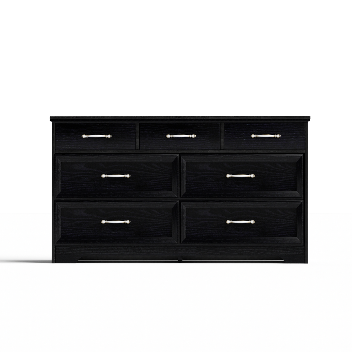 Black chest of drawers front view with metal pull handles across stacked drawers