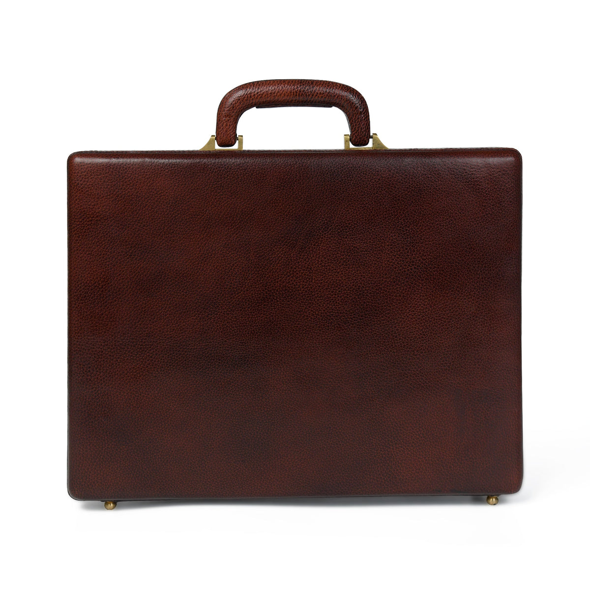 Rich brown leather office suitcase back view with carry handle and brass feet
