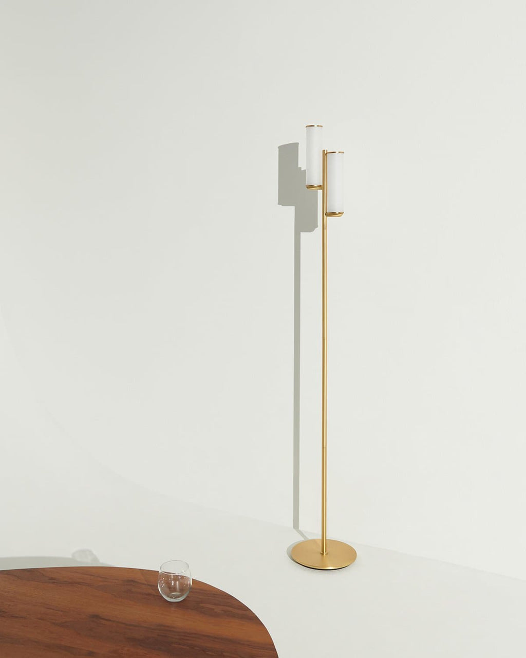 Brass floor lamp with round base and two frosted glass shades