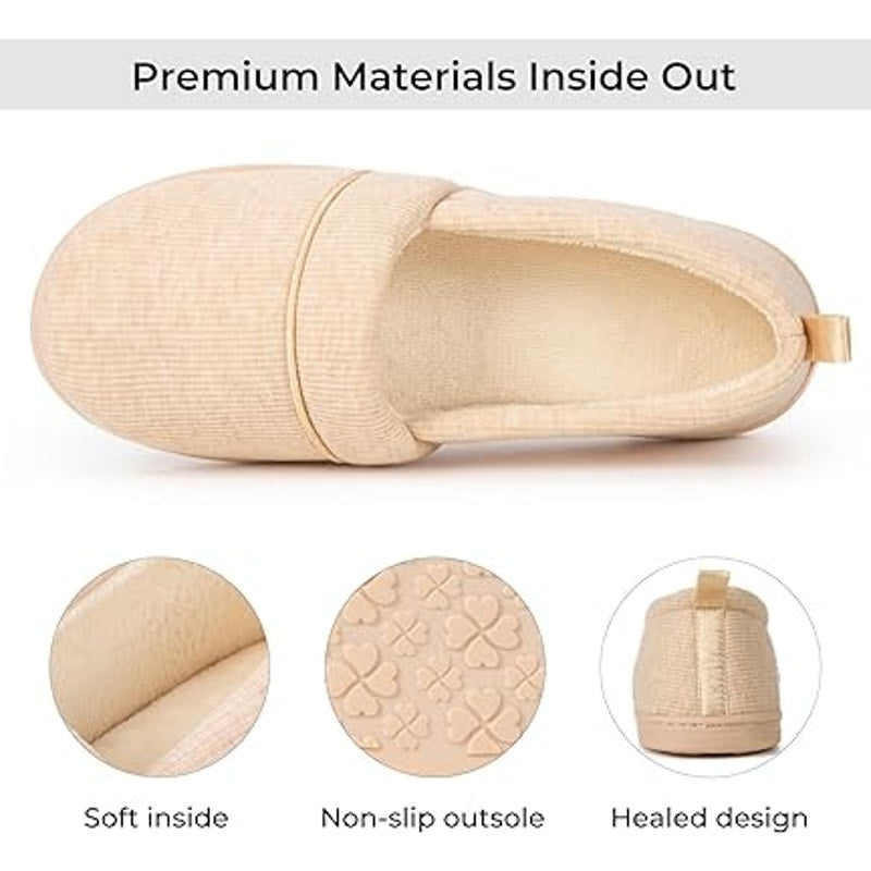Tan slip-on loafer slippers with soft inner lining and stitched heel panel