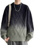 Men's plus size gradient round-neck sweater with diamond knit pattern, dark to gray