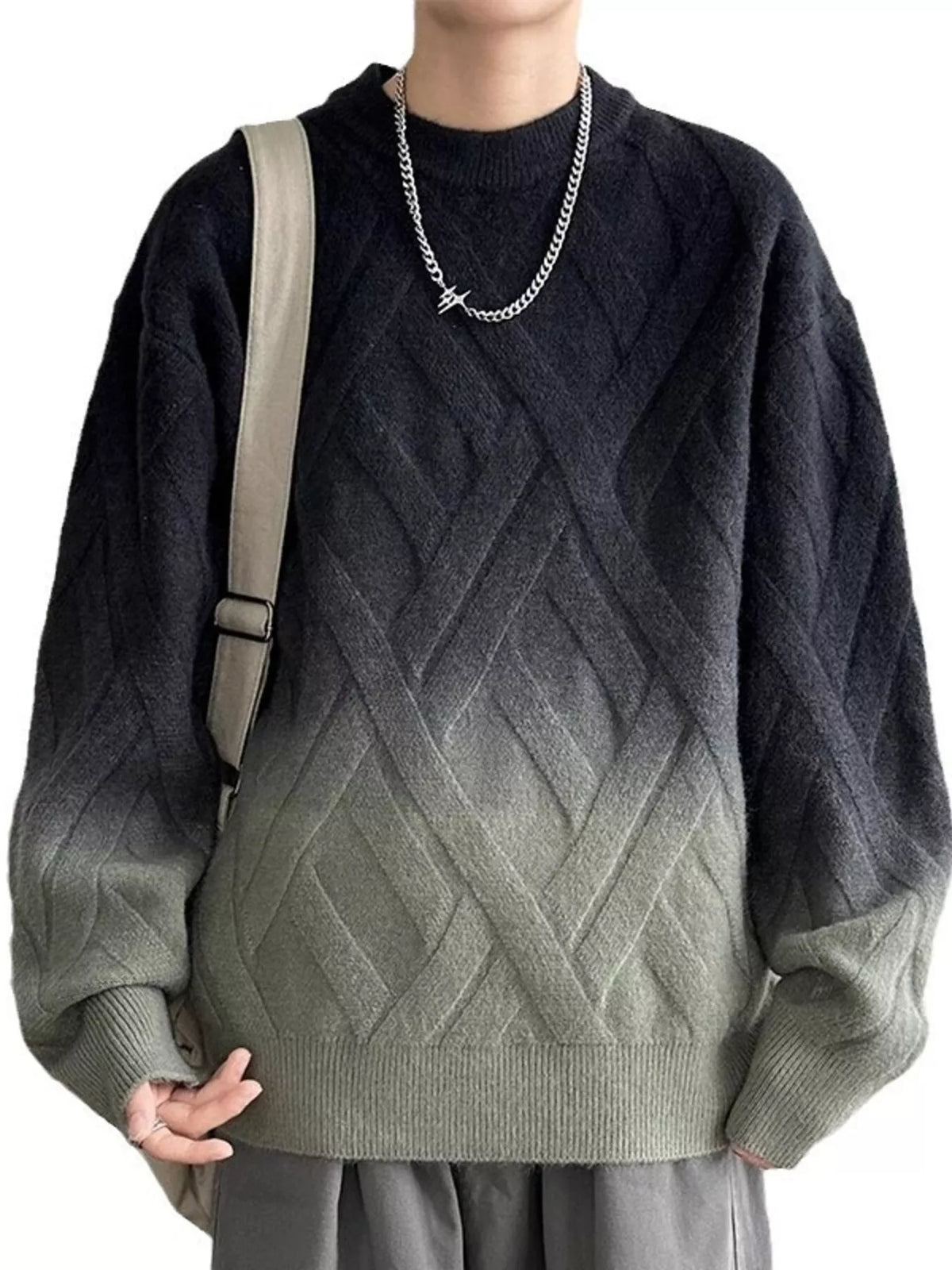 Men's plus size gradient round-neck sweater with diamond knit pattern, dark to gray