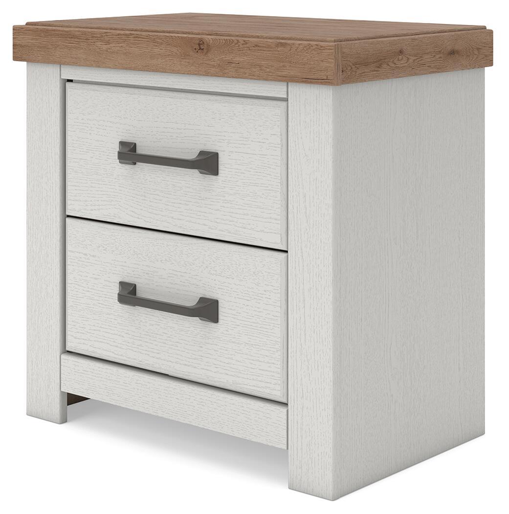 Two-drawer nightstand in white with brown top, angled view showing two drawers and bar pulls