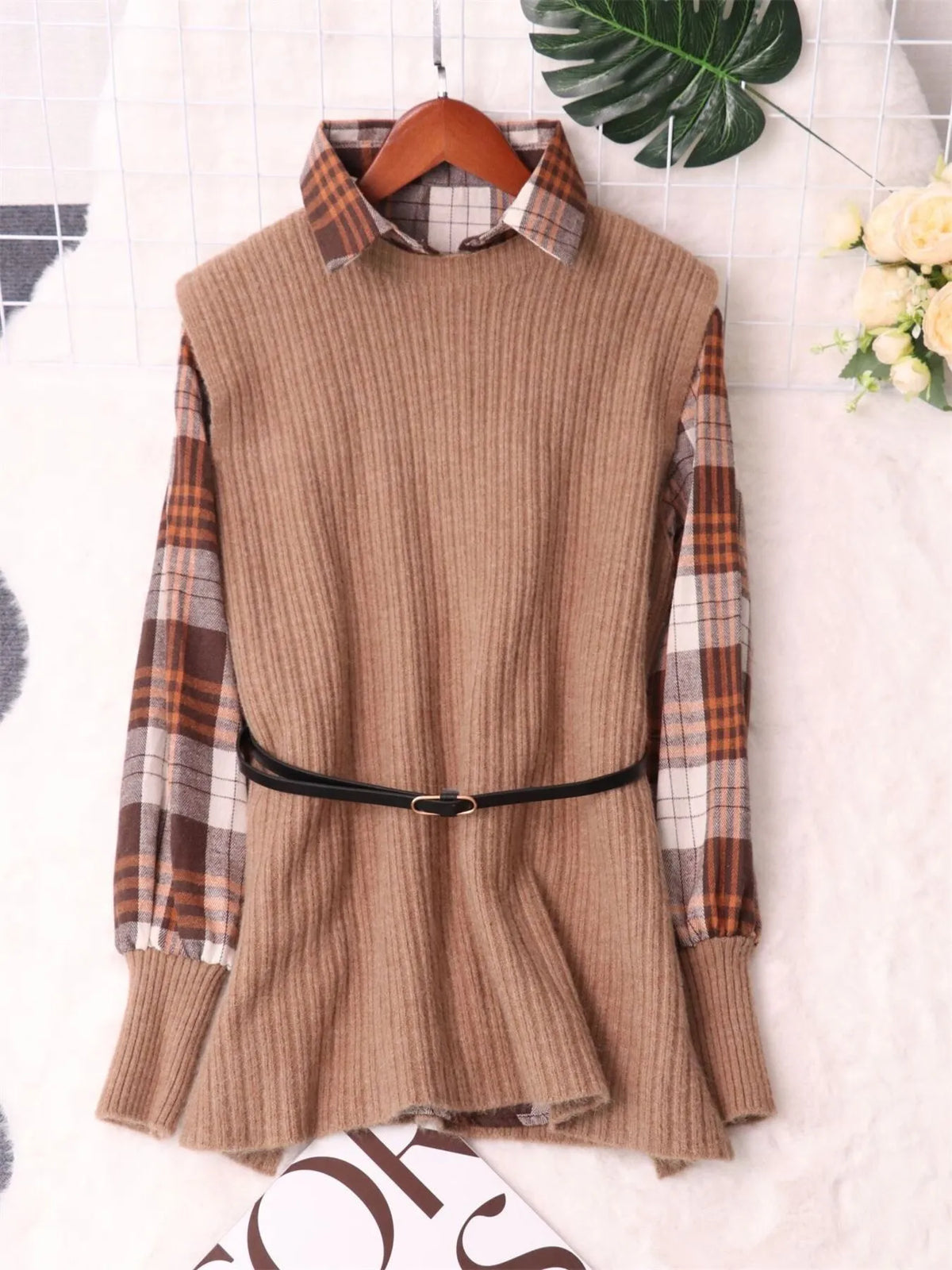 Apricot/tan ribbed sweater dress with plaid long sleeves and black waist belt