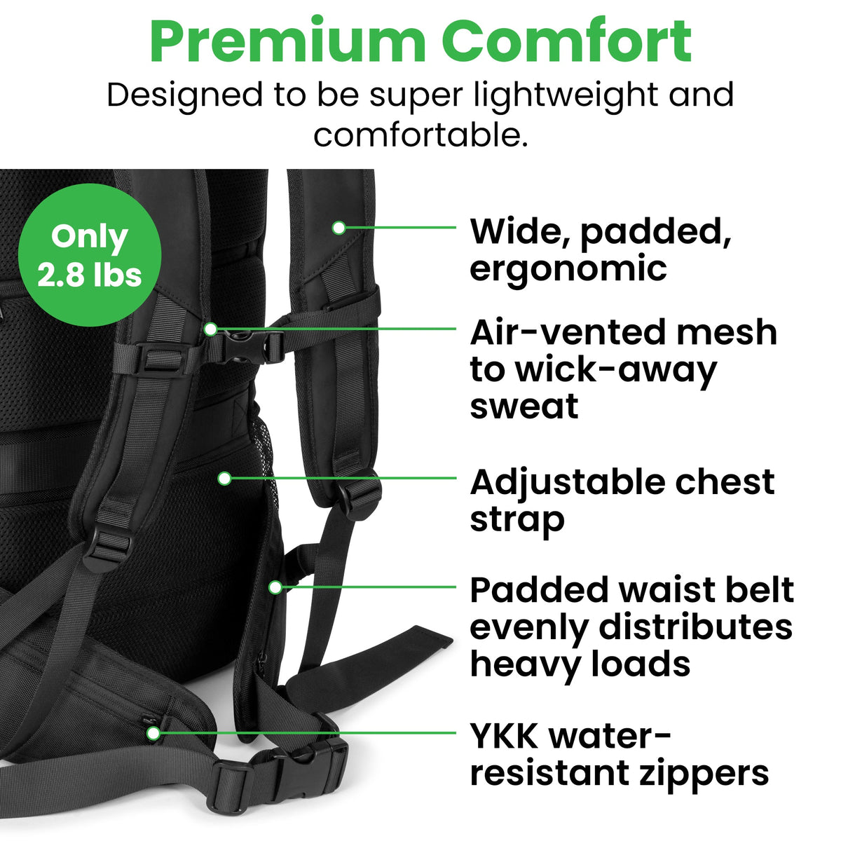Black carry-on backpack harness with padded shoulder straps and adjustable chest strap