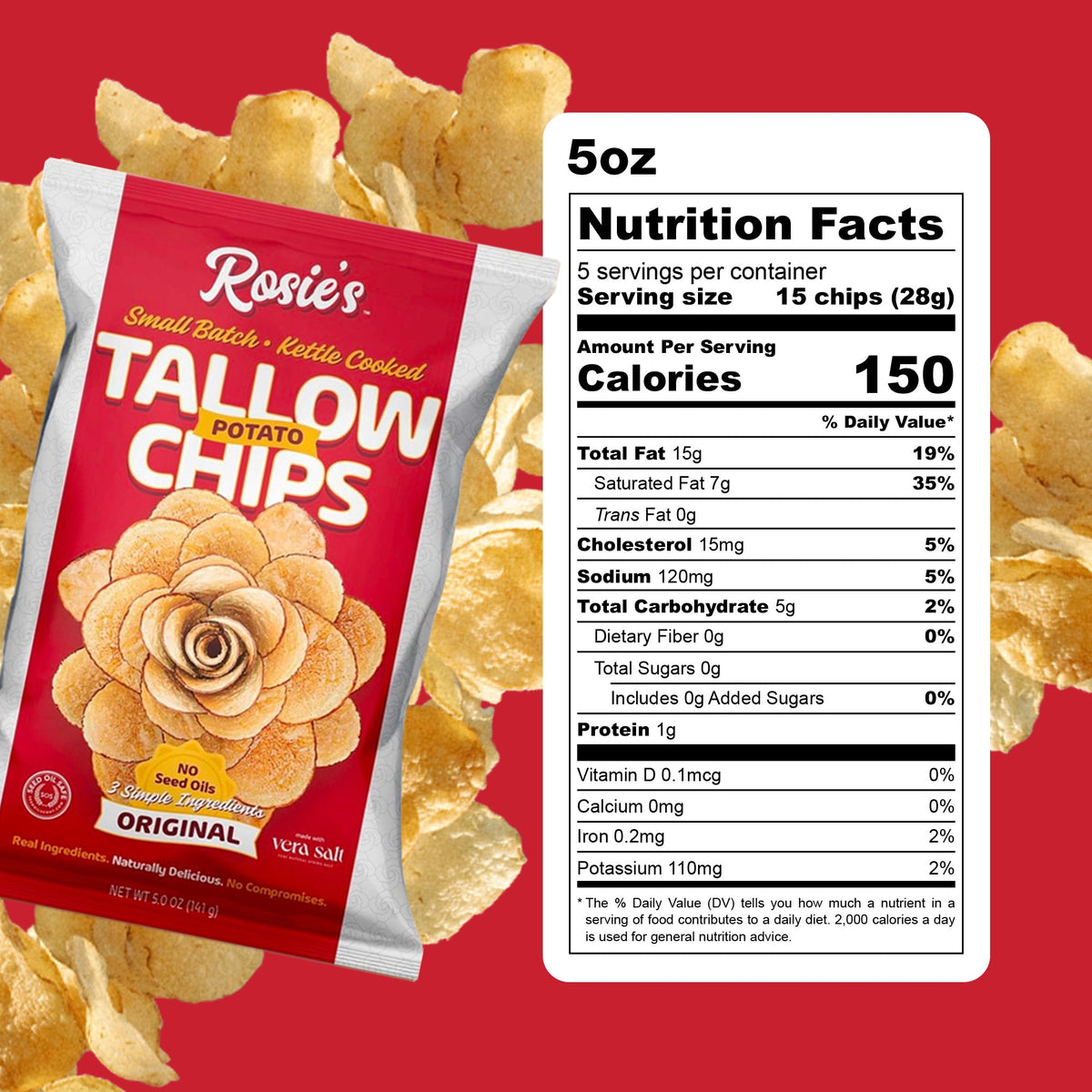 Original tallow potato chips bag with Nutrition Facts panel to the right