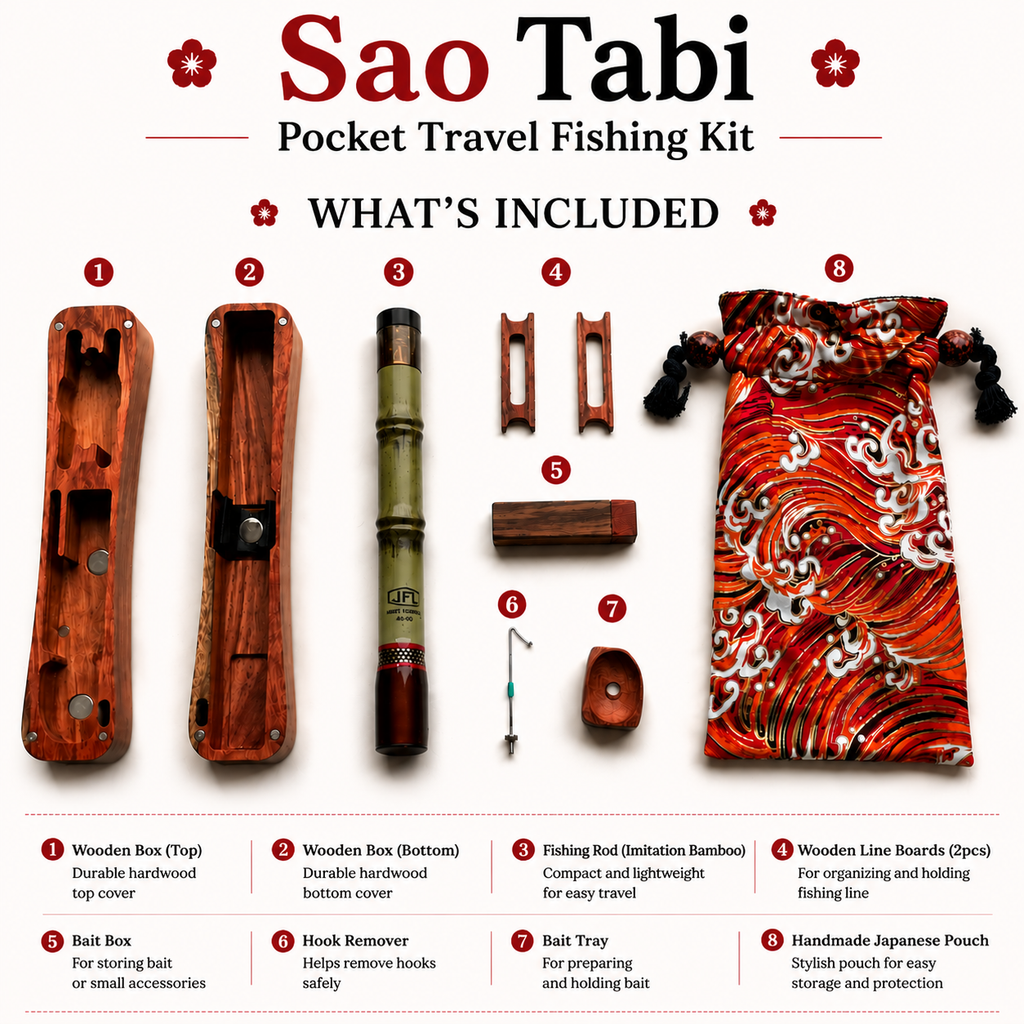 Pocket travel fishing kit components: wooden cases, green rod tube, and Japanese pouch