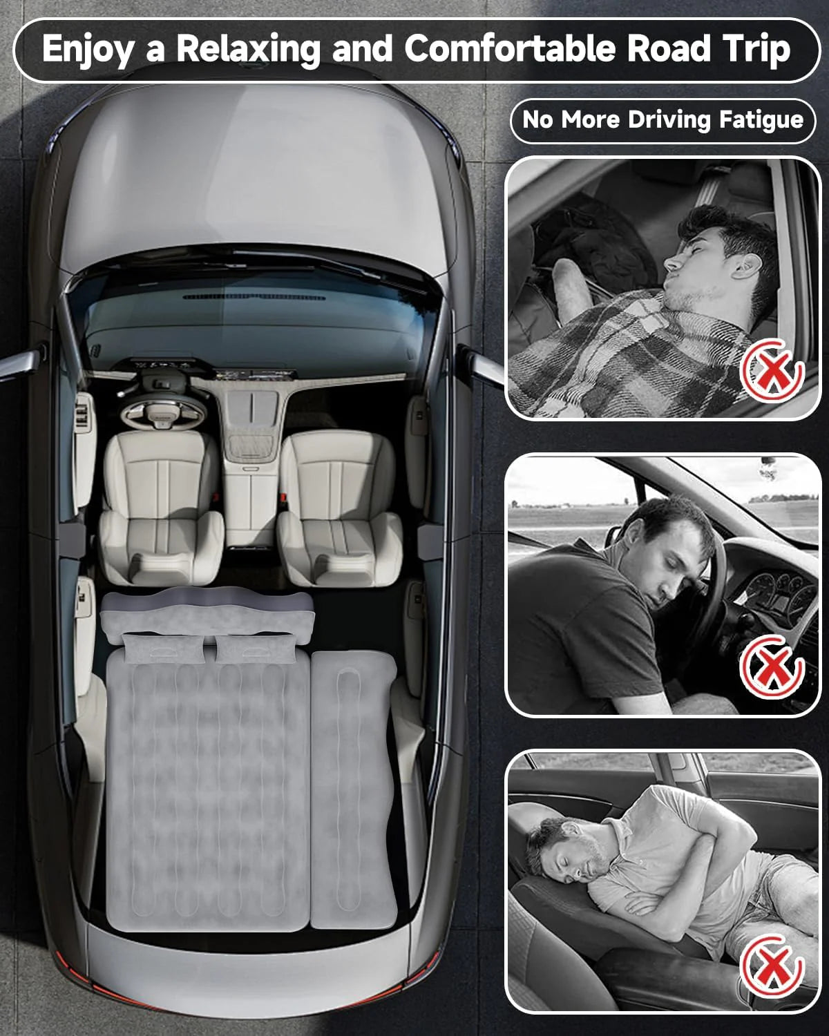 Gray inflatable car air mattress folded for relaxed road-trip setup in the trunk
