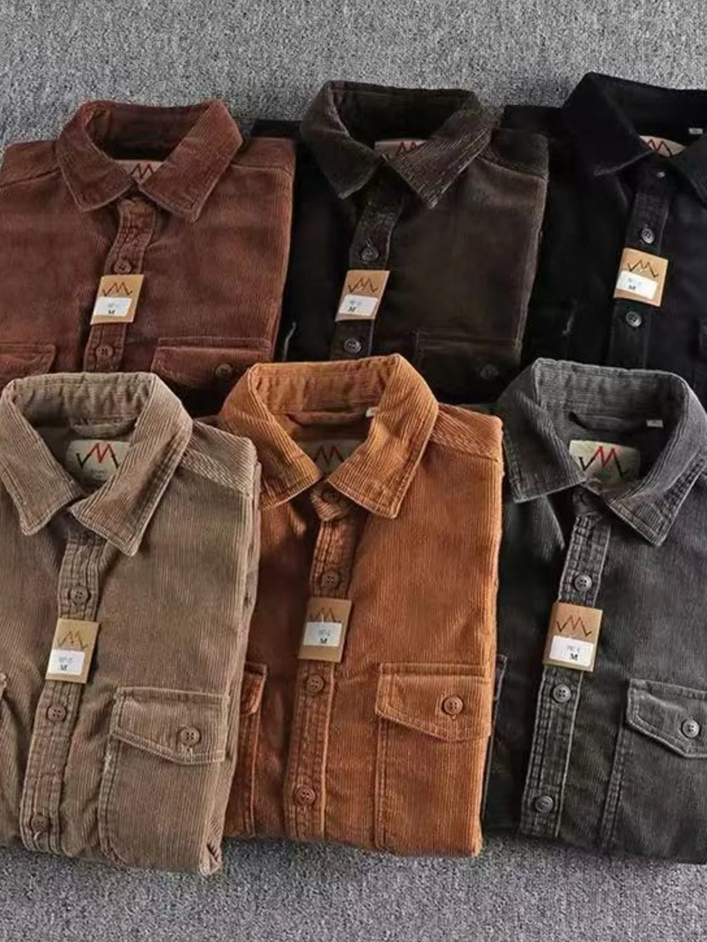 Corduroy long-sleeve button-up shirts, assorted colors shown in folded front views