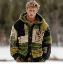 Green and black patchwork fleece hooded zip-up jacket with yellow accents