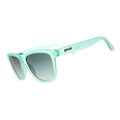 Mint teal polarized sunglasses with wraparound rectangular lenses