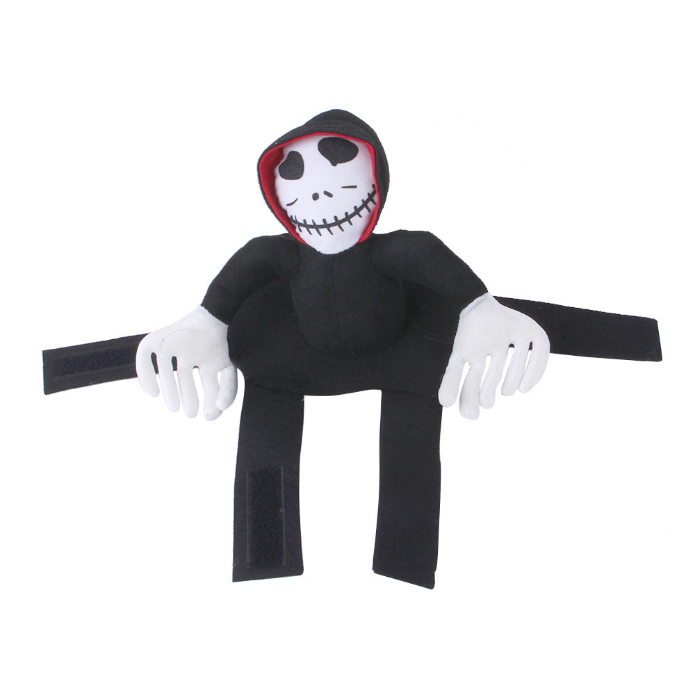 Black one-piece hooded pet costume with skull face mask and white gloves